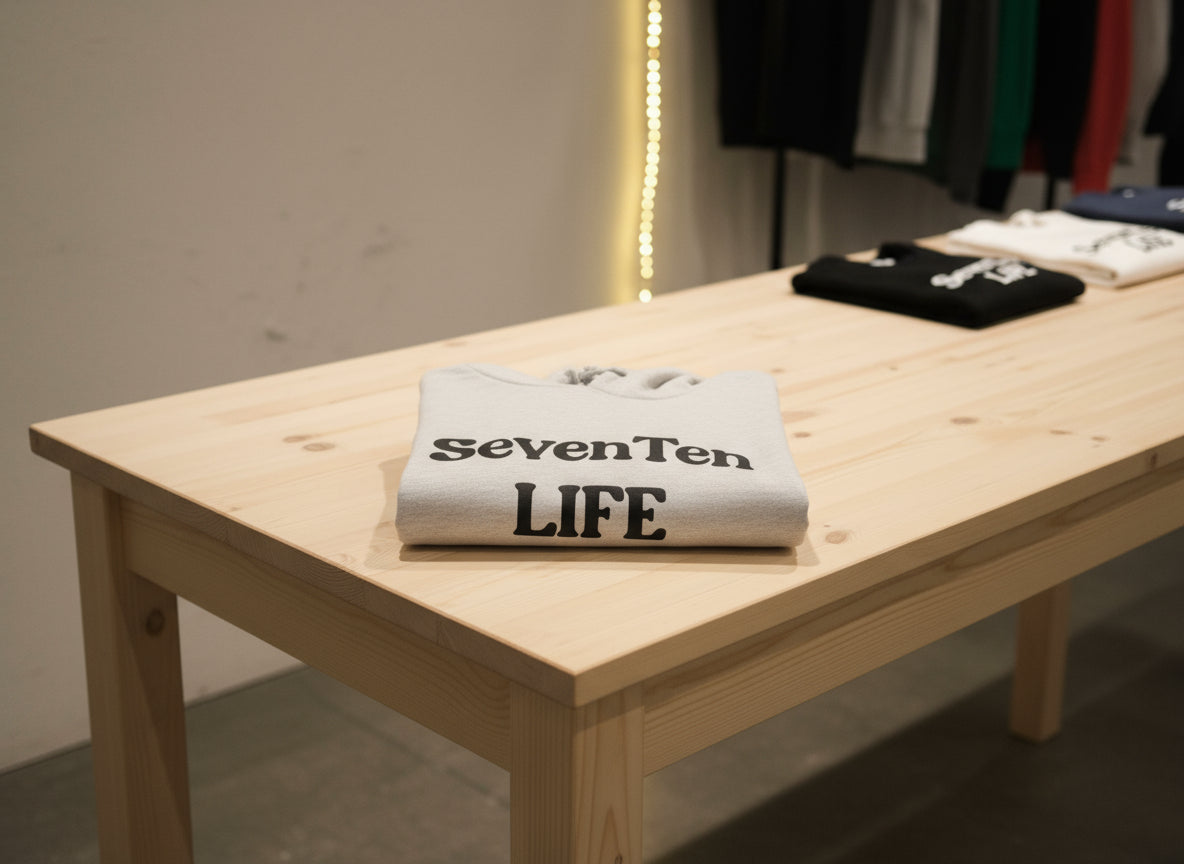 Gray hoodie with 'SevenTen LIFE' text on a gray background