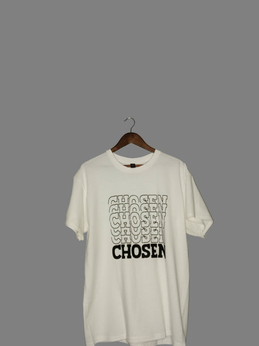 White t-shirt with 'CHOSEN' text on a hanger against a gray background