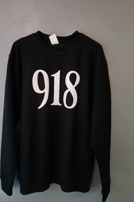 Black sweatshirt with '918' printed on it against a plain background