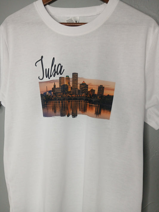 SevenTen LIFE Tulsa t-shirt showing a casual fit with a graphic design on the front in vibrant colors.